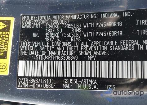2016 Toyota Highlander Xle V6 from USA, damaged, VIN 5TDJKRFH1GS308849